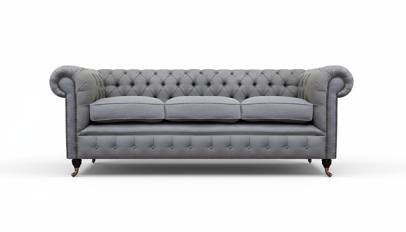 Grey Chesterfield living room textile fabric furnishing luxury three seater sofa