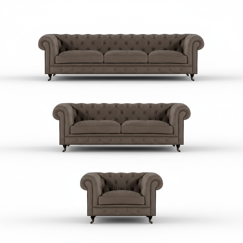 Gray Chesterfield seating furniture Elegant three-seater Noble armchair 3-piece set