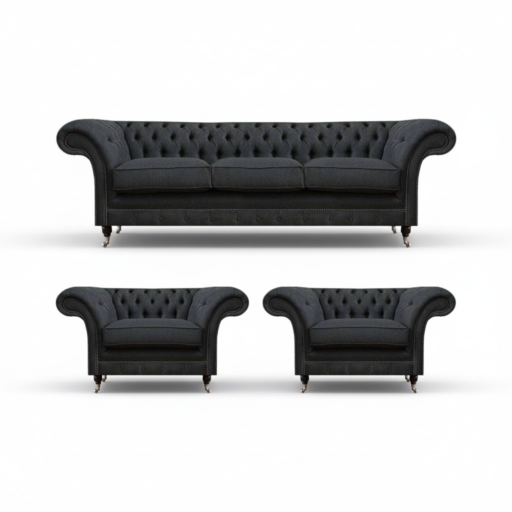 Gray Chesterfield sofa bed textile 2x armchairs 3-piece set furniture