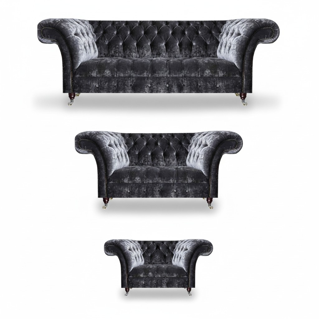 Grey Chesterfield Couches Upholstered Furniture Designer 3-Seater Textile Sofas