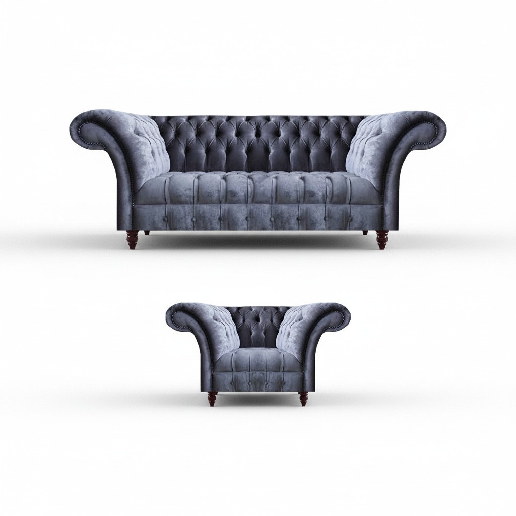 Gray Chesterfield textile set designer sofa set 3-seater 2-piece