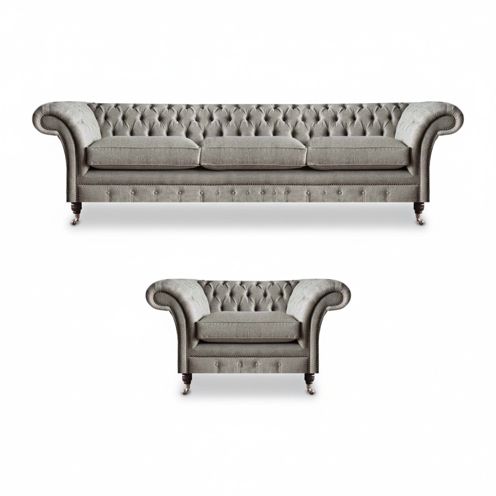 Grey Chesterfield textile sofas Elegant living room 3-seater upholstered armchair