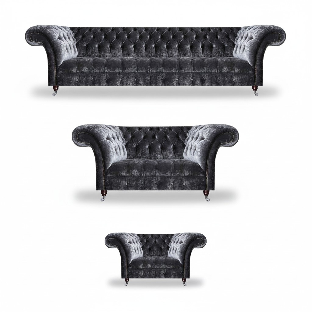 Grey Chesterfield upholstered furniture designer couches luxury four-seater 3-piece