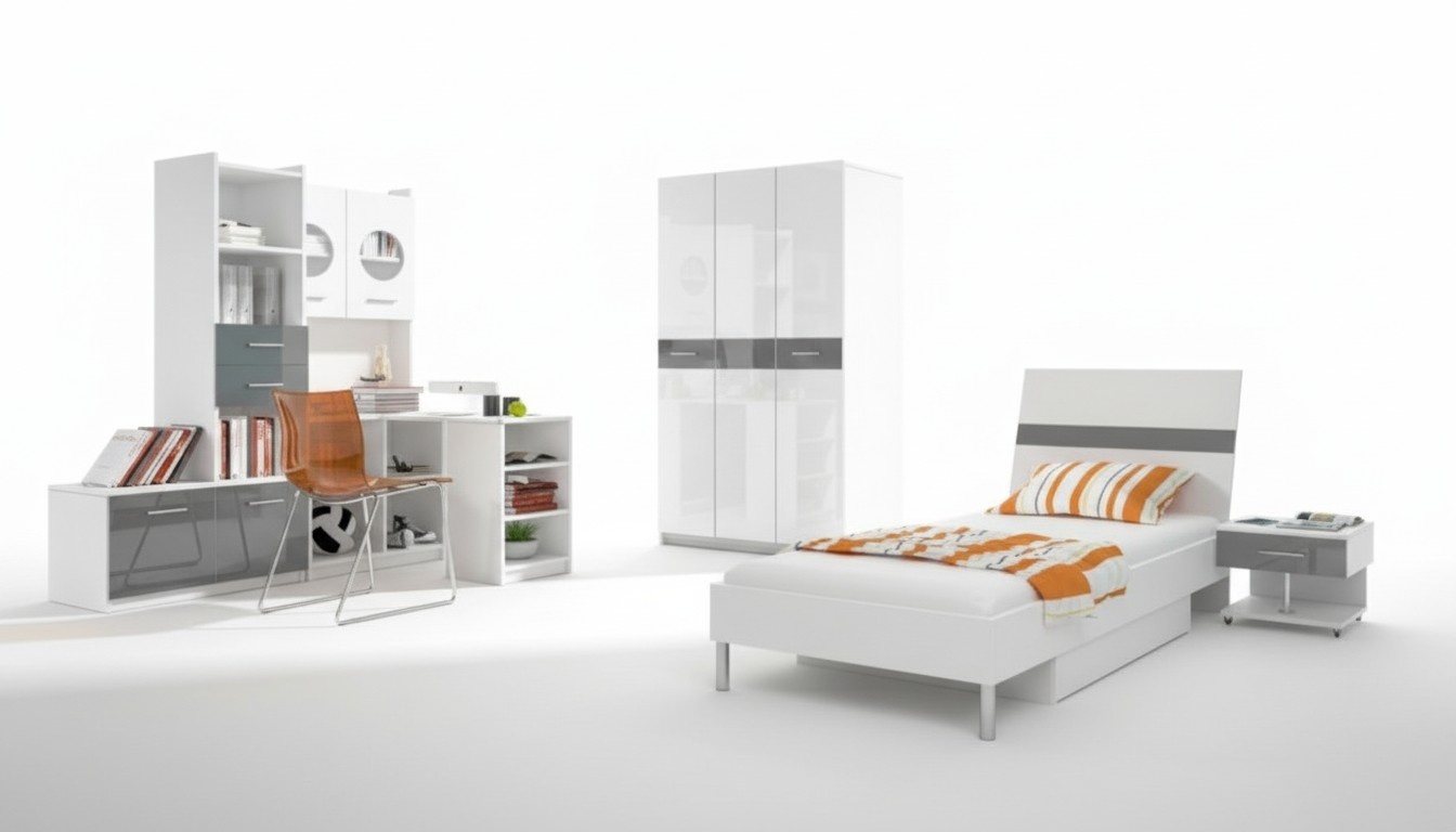 Gray children\'s room complete single bed wardrobe chest of drawers 5 pieces youth room