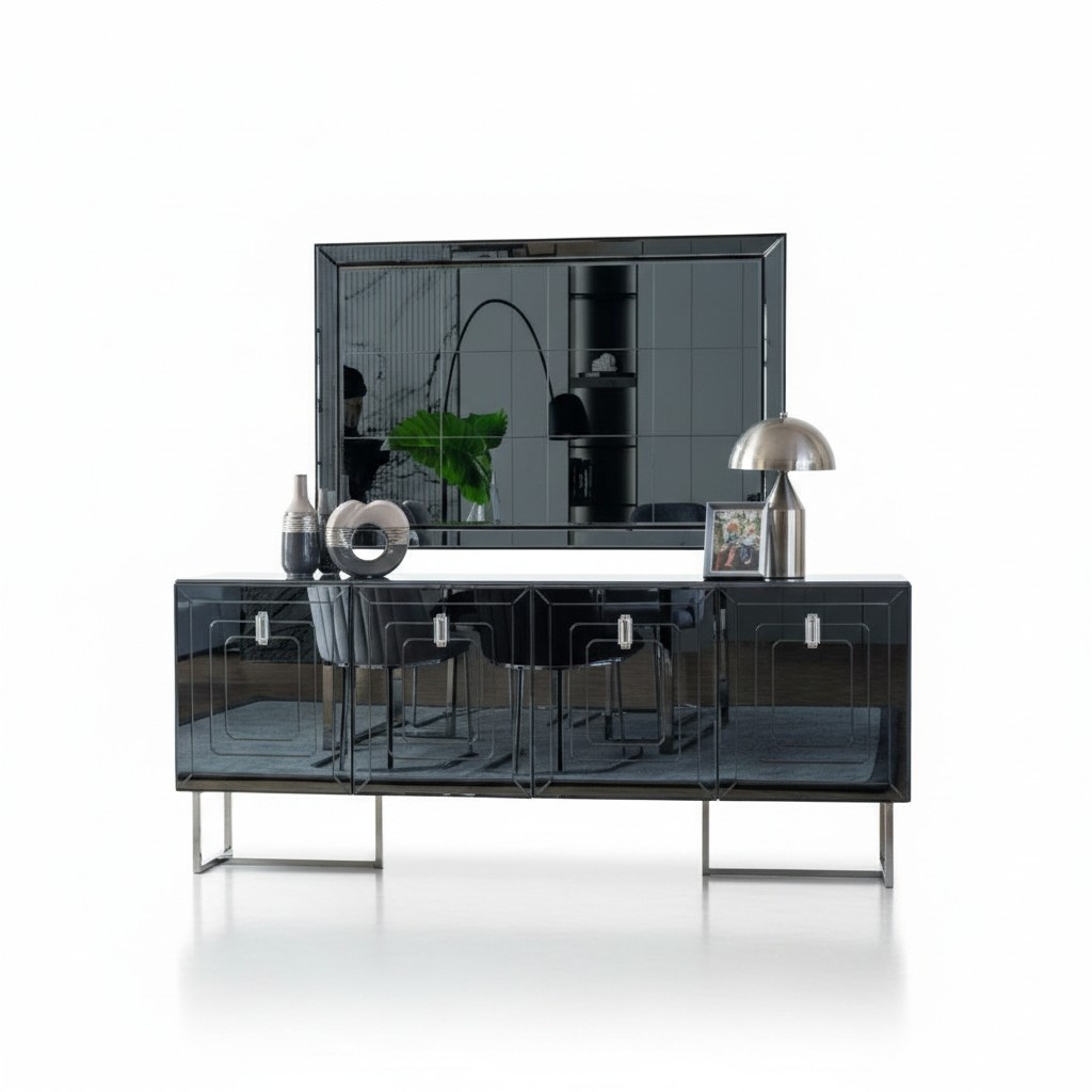Gray Dining Room Furniture Glass Mirror Designer Stainless Steel Sideboard Luxury Set