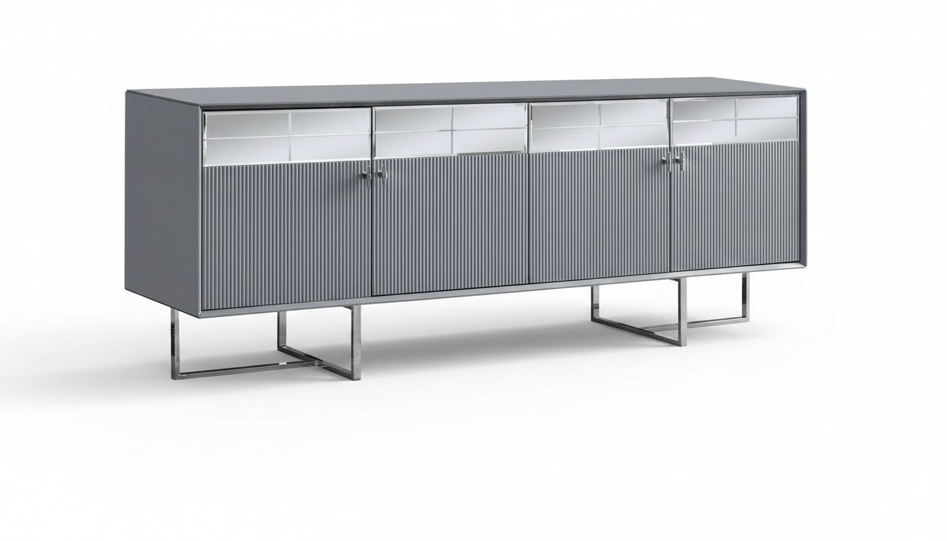 Gray dining room furniture, luxurious sideboard, high-quality chest of drawers, wooden cabinet.
