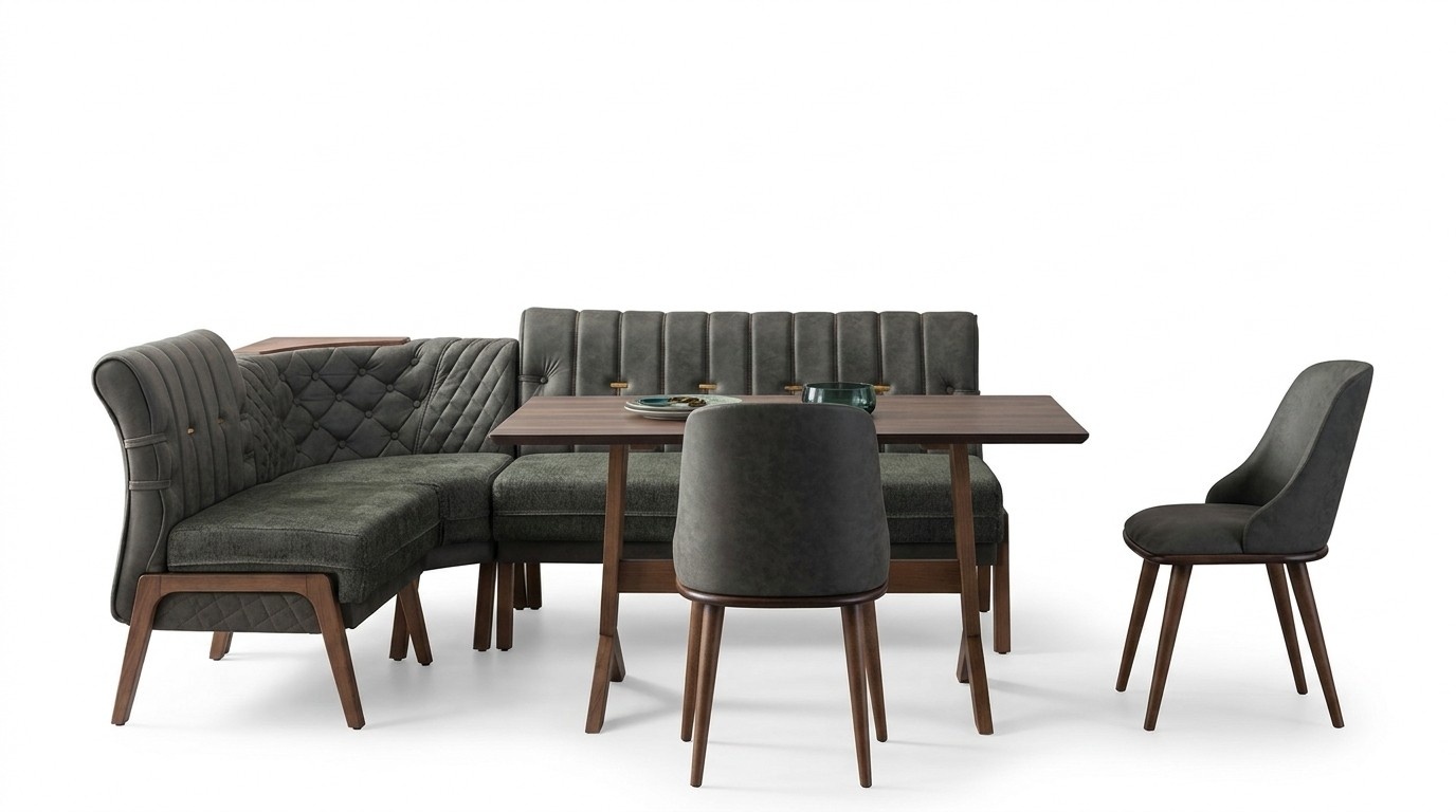 Gray dining room set, wooden dining table, 2x textile chairs, corner bench, 4-piece set