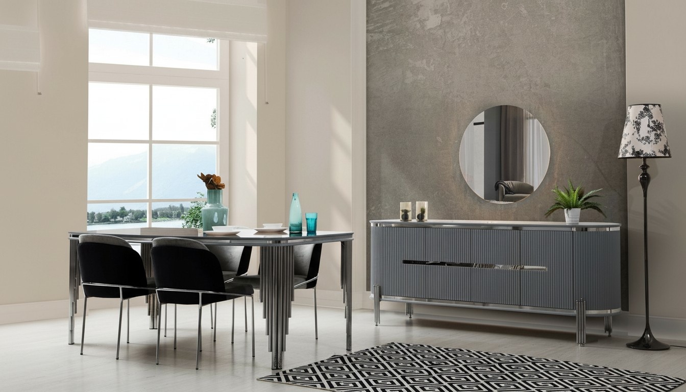 Grey dining room table luxury dining set dining table chairs sideboard 6 pcs