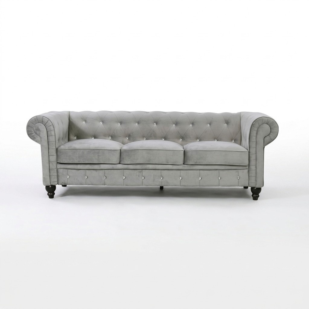Grey Chesterfield Sofa Textile 3-seater Upholstered New With Cushions Comfortable Cosy Couch