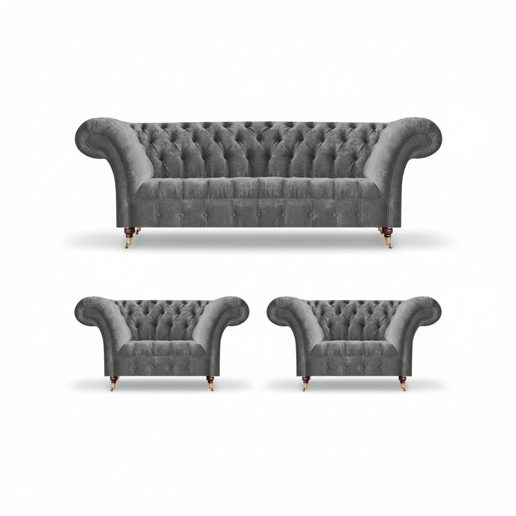 Gray living room armchair set, elegant three-seater designer couches, 3-piece.