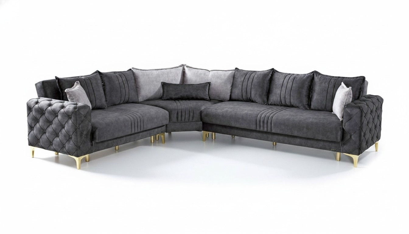 Gray Living Room Corner Sofa L Shape Modern Chesterfield Luxury Sofa