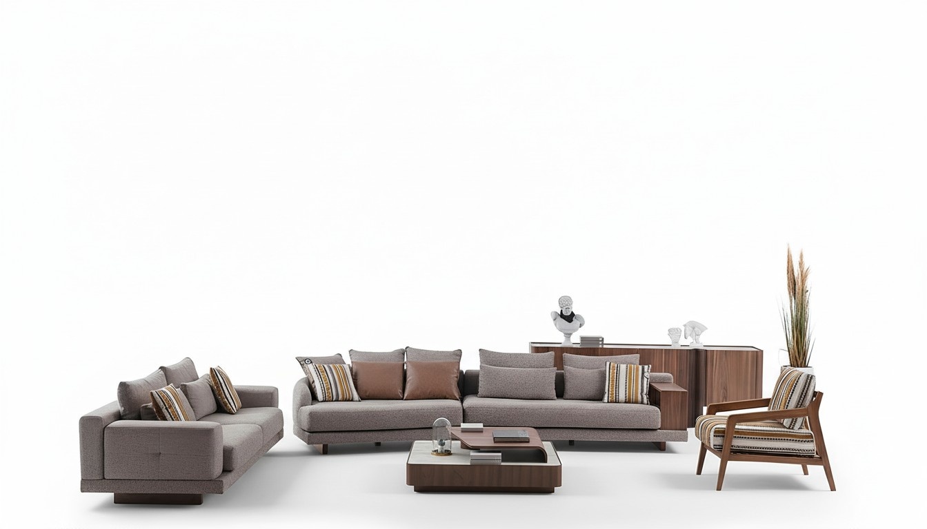 Gray living room sofas, fabric sofas, designer armchairs, wooden coffee table, 5-piece set.