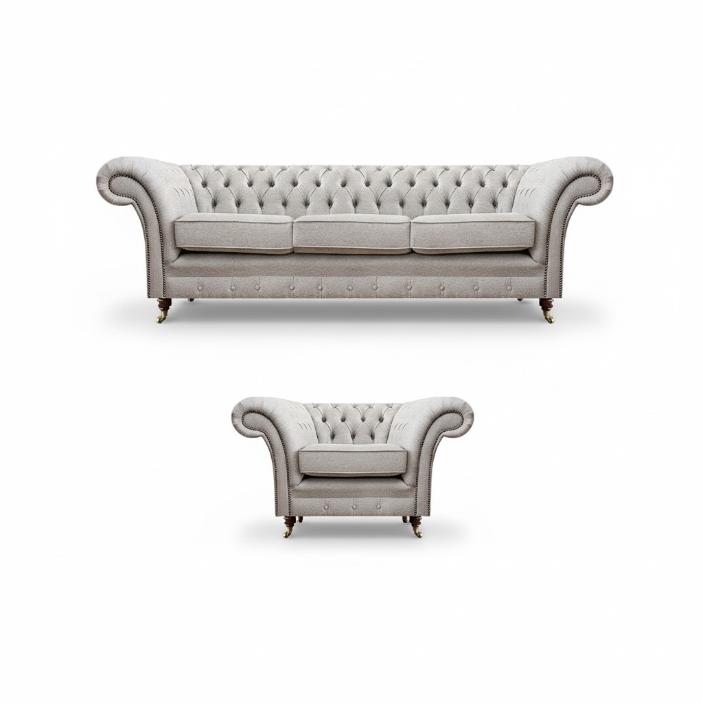 Gray Luxury Set Sofa Three Seater Couch Chesterfield Armchair Living Room