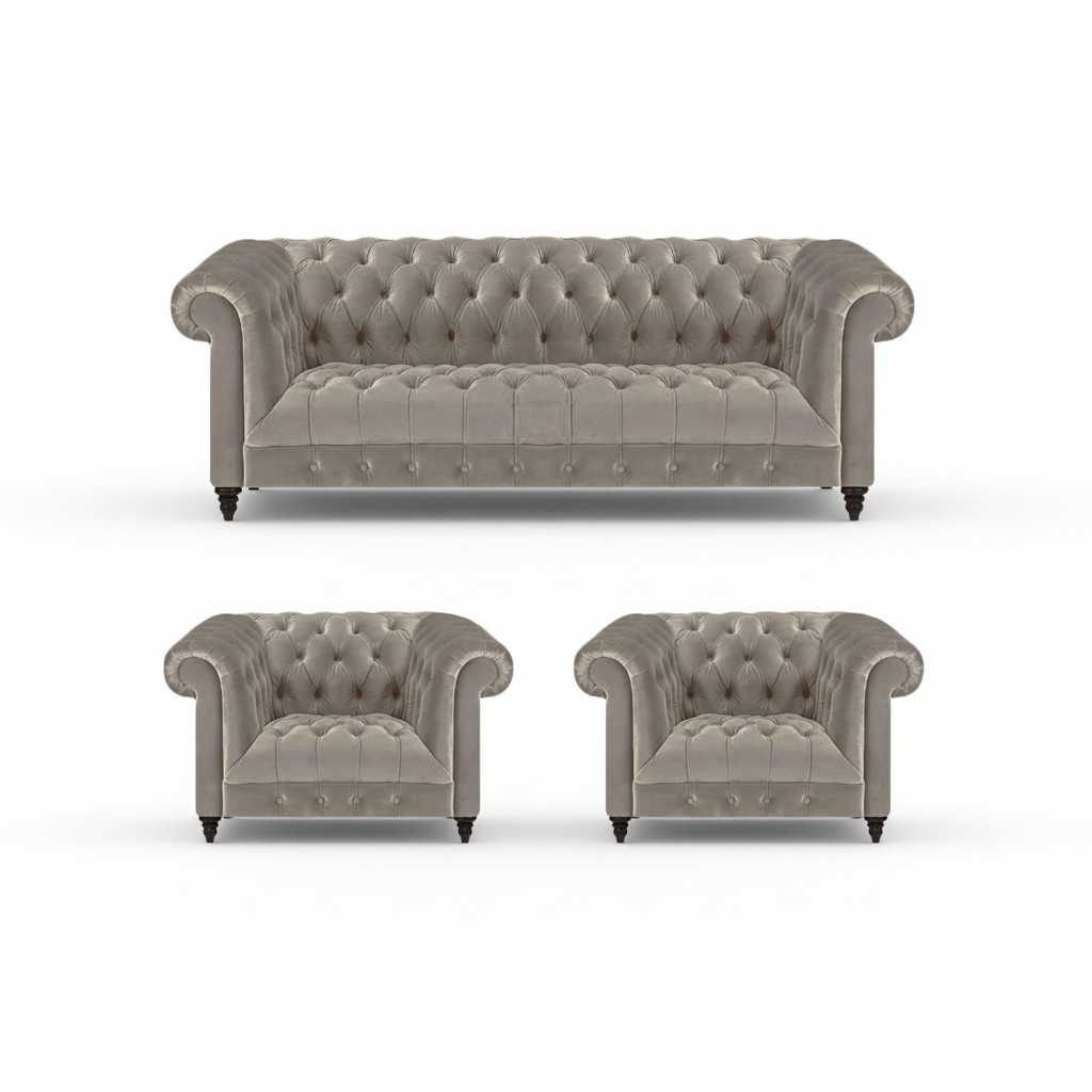 Gray luxury upholstered furniture sofa three-seater couch 2x armchairs living room Chesterfield