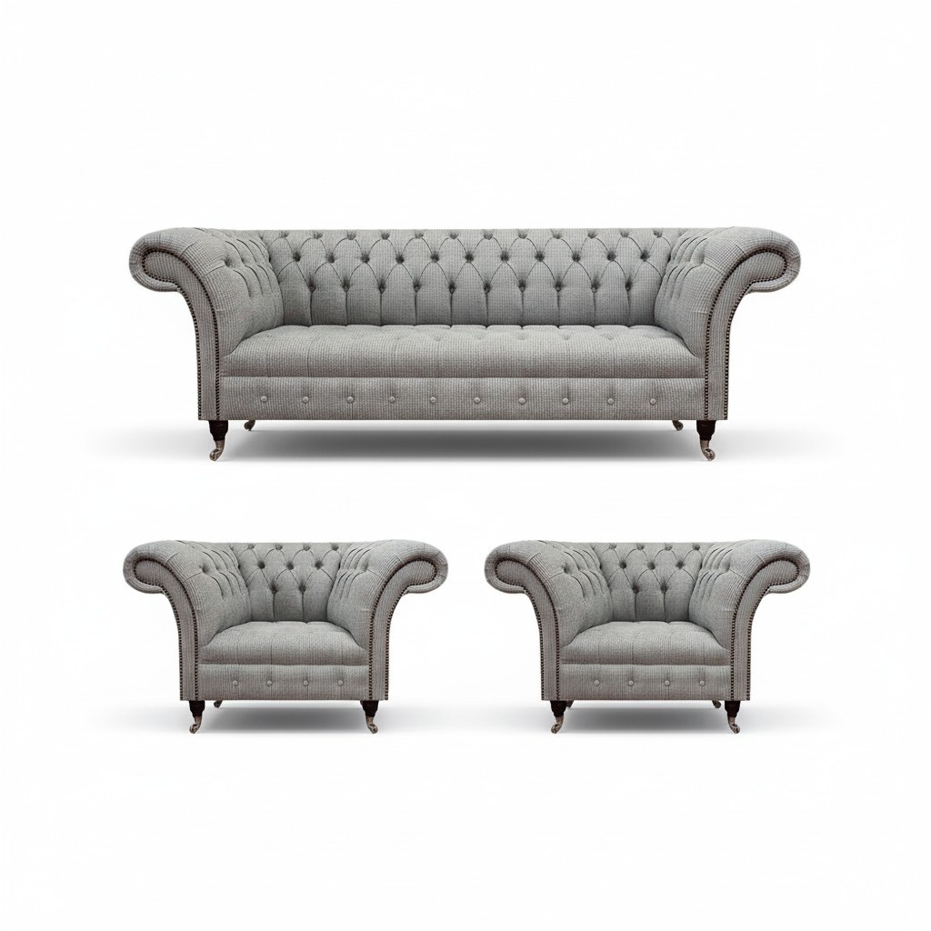 Gray Modern Sofa Set Chesterfield Design Upholstery Fabric Living Room Furnishings