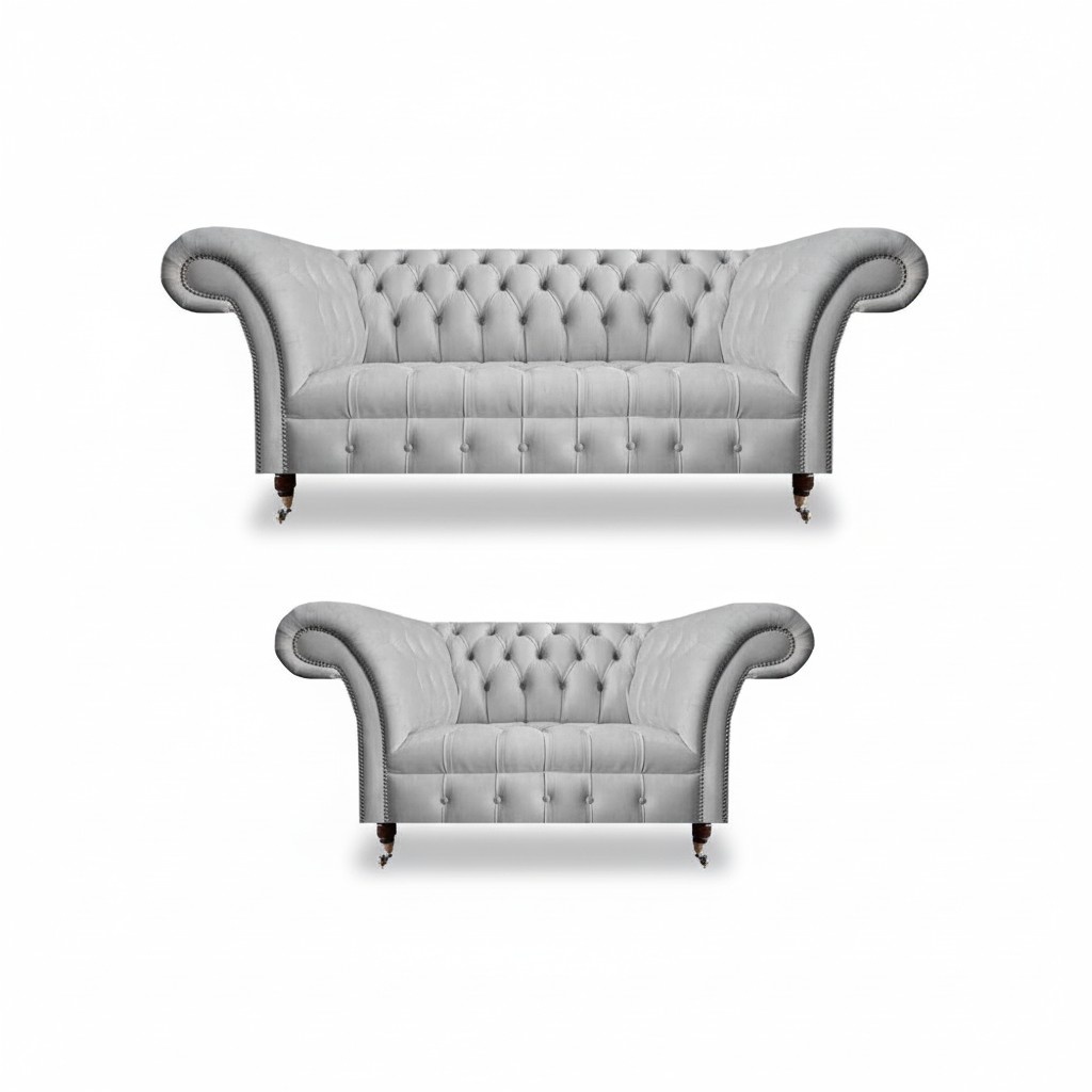 Gray Modern Textile Furniture Living Room 2x Chesterfield Sofas Upholstered Furniture