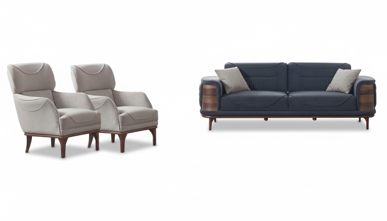 Gray sofa complete with 2 white armchairs, luxurious upholstered armchairs, new