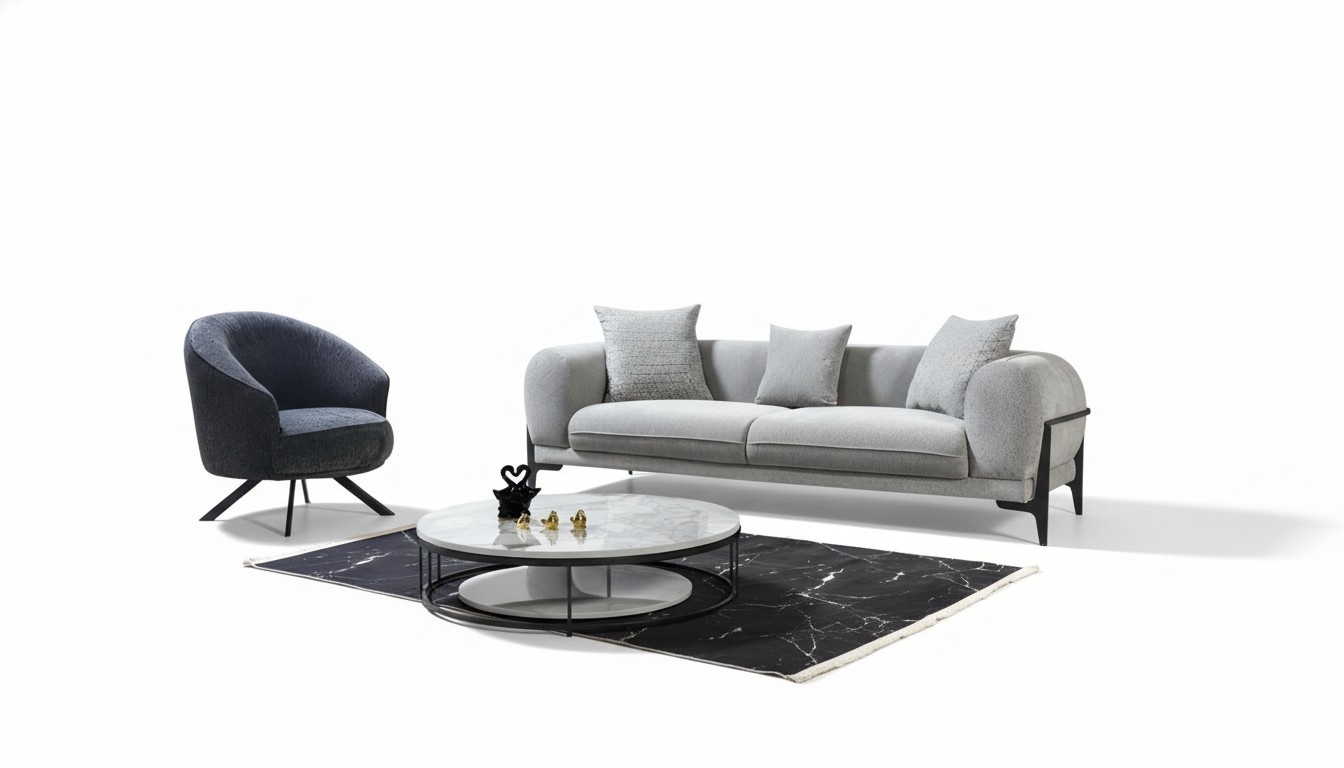 Gray sofa set, luxurious three-seater couch, modern armchair, 2-piece.