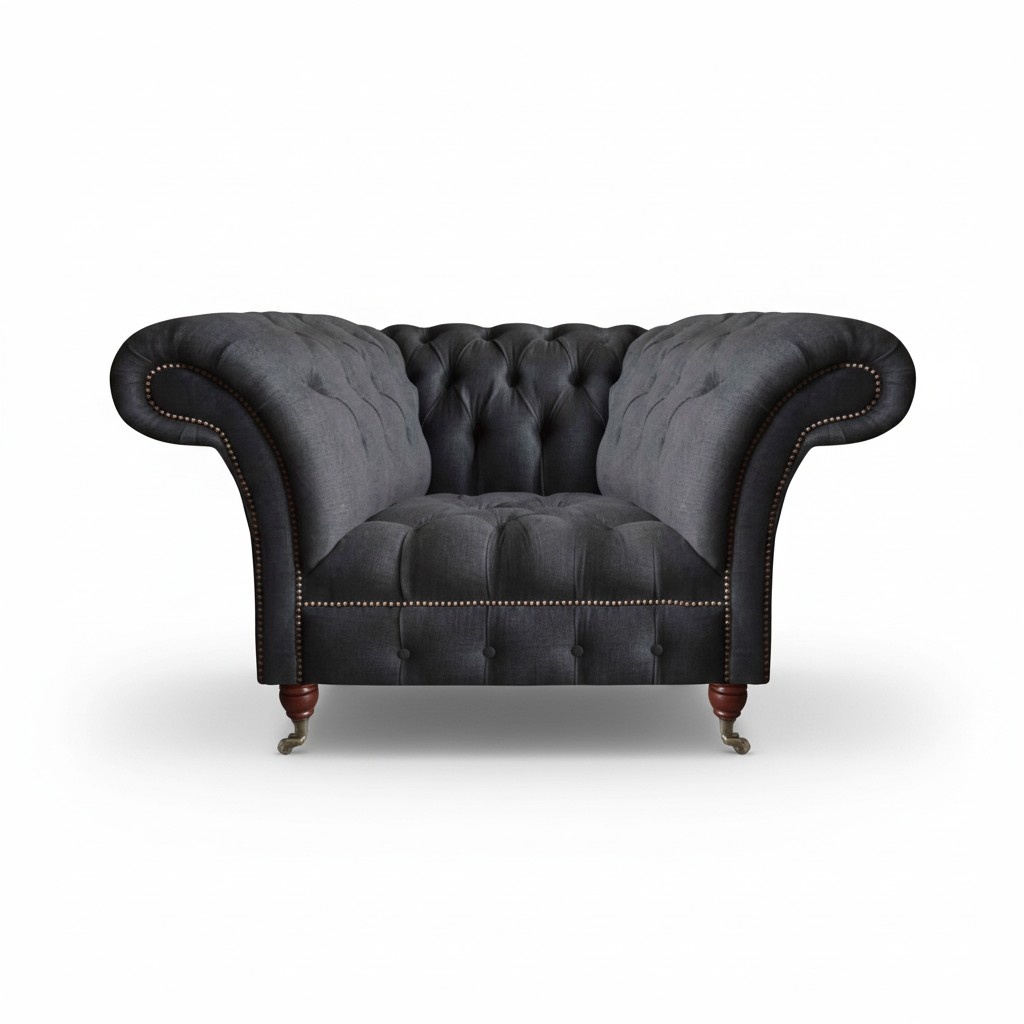 Gray fabric armchair living room seating modern Chesterfield chair