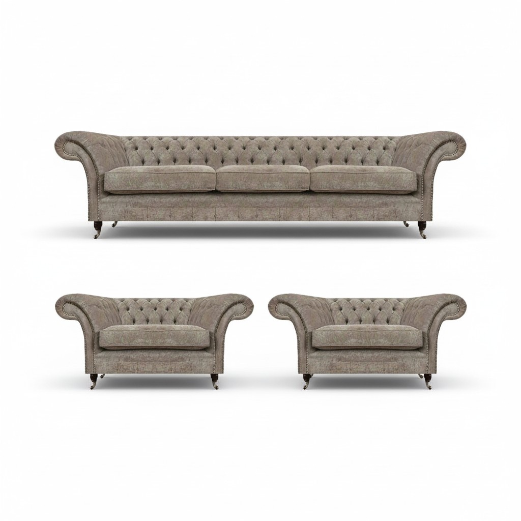 Gray upholstered Chesterfield furniture set, textile sofa, 3-seater, 2 single seats, 3 pieces.