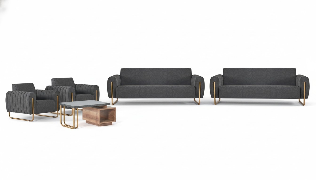 Gray upholstered seating set designer 3-seater 2 armchairs coffee table 5-piece