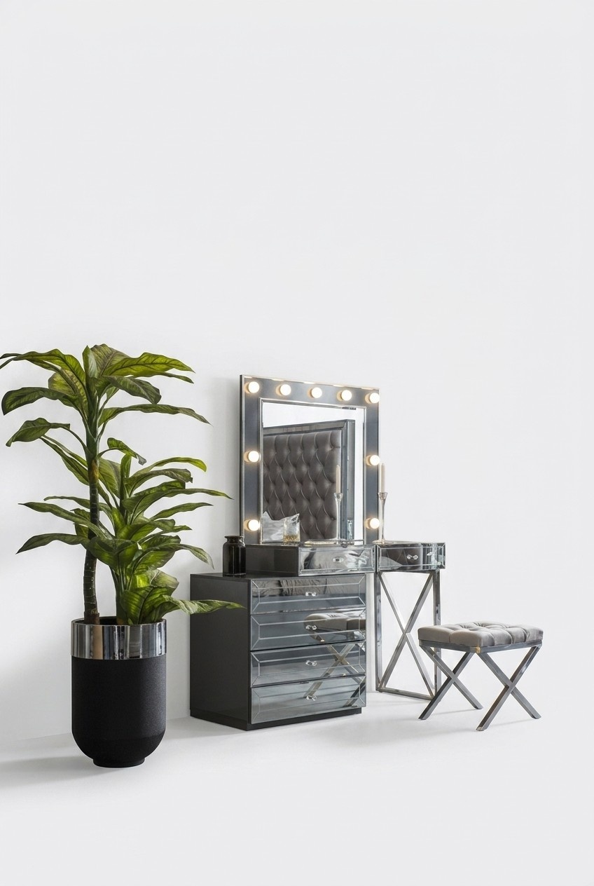 Gray Makeup Table Designer Upholstered Stool Glass Mirror 3-Piece Luxury Set