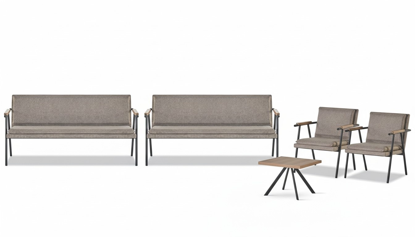 Gray waiting room furniture 2x benches 2x armchairs wooden side table