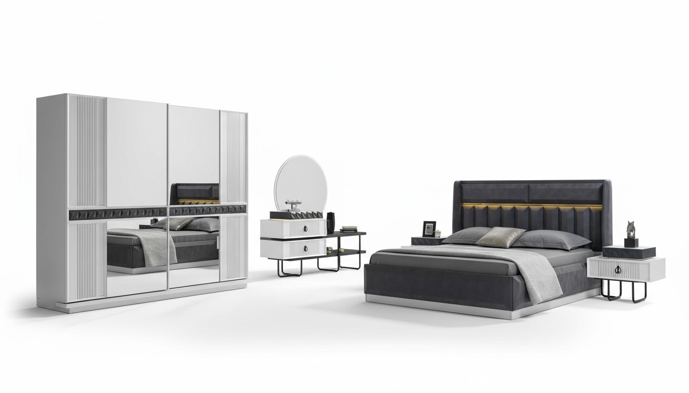 Grey and white bedroom furniture textile bed bedside tables luxury wardrobes new