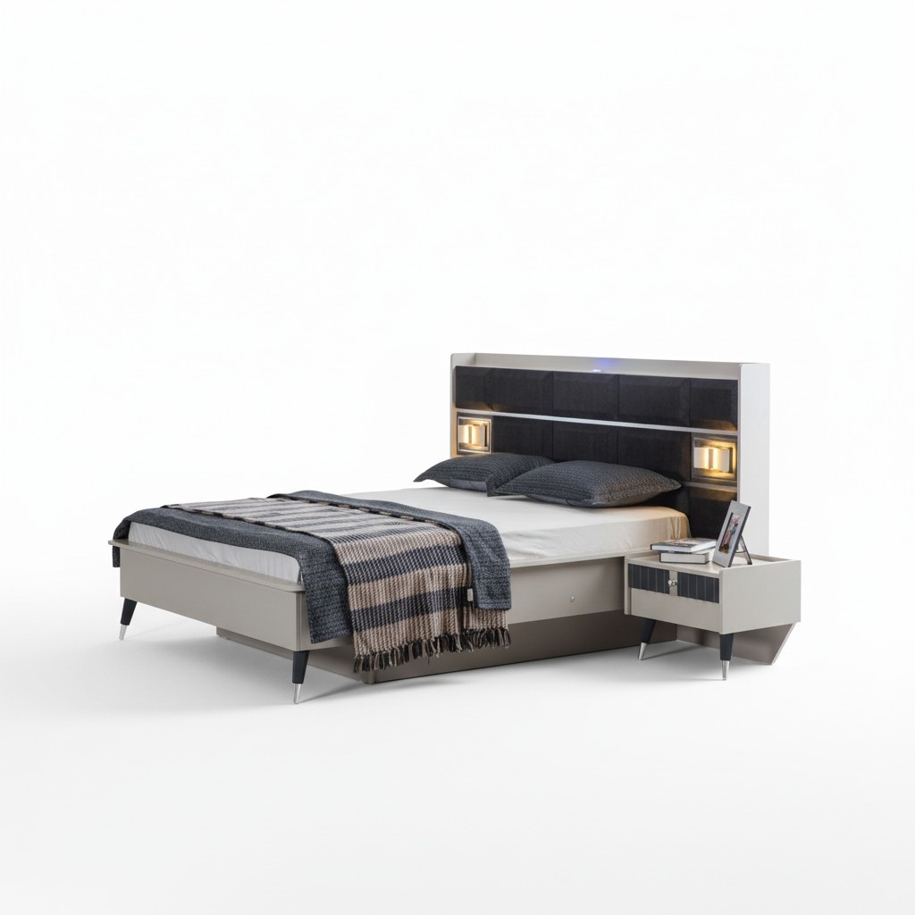 Grey-white bedroom set double bed 2x bedside tables 3-piece set