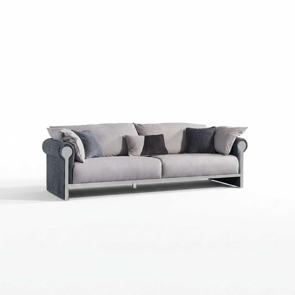 Gray wood-textile 4-seater sofa with modern design