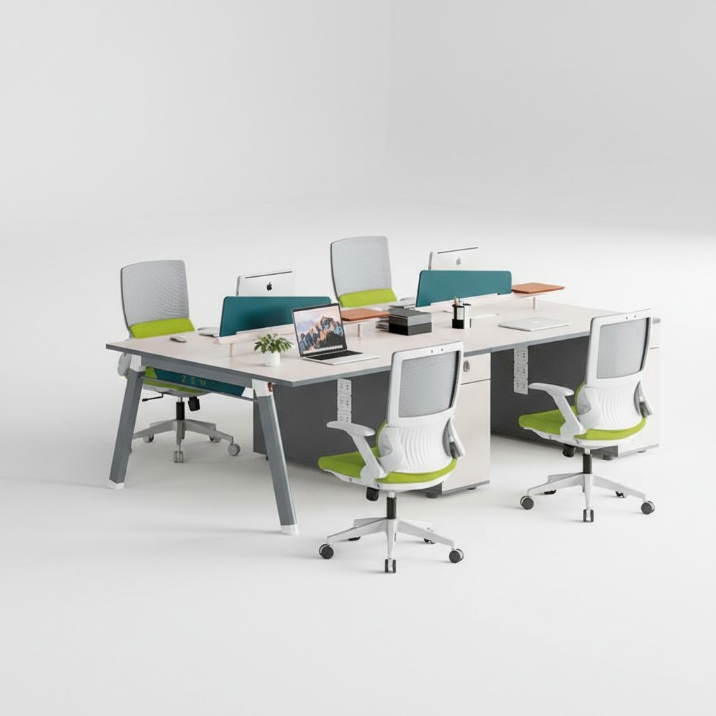 Gray work table designer desk for 4 people, elegant wooden tables.