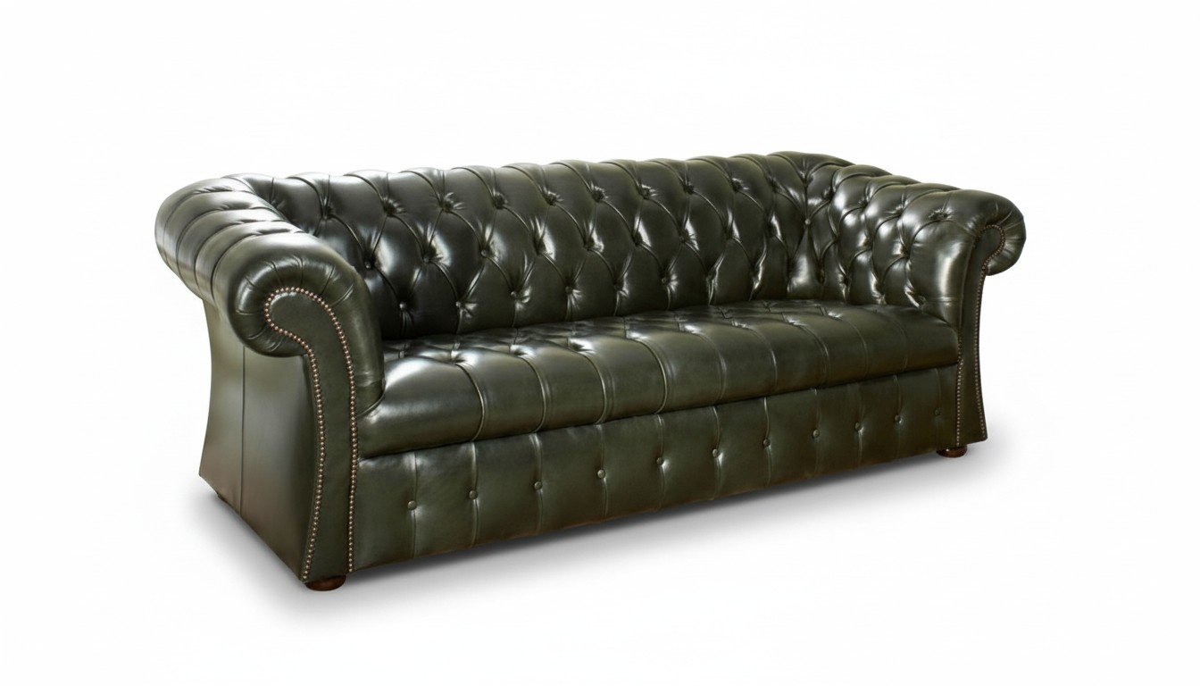 Green Chesterfield Sofa Couch Upholstery Fabric Faux Leather Couches 3-Seater Glossy New