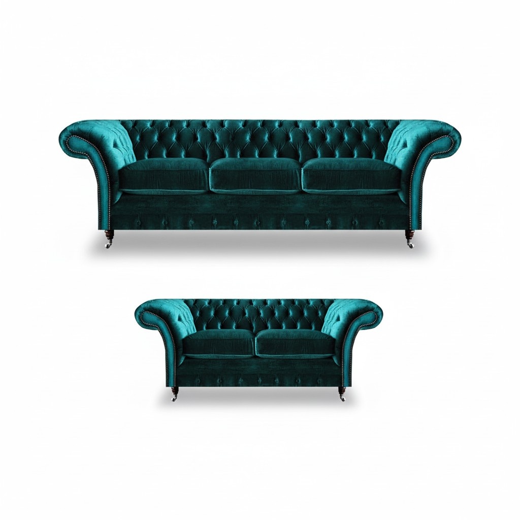 Green Chesterfield upholstered sofas living room 2x sofas two-seaters 3-seater