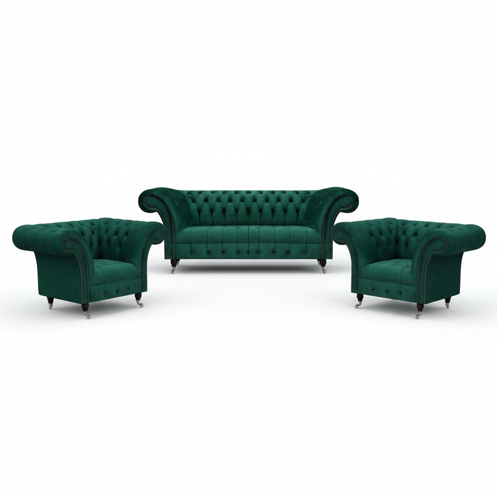 Green Chesterfield upholstered seating set designer 3-seater 2x armchairs 3 pcs