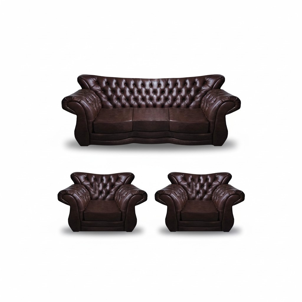 Green Leather Sofa Set 3-Piece Seating Brown Sofa Set Complete Chesterfield