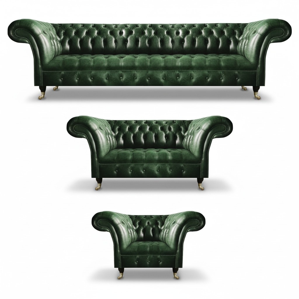 Green leather sofa set 3 pieces living room sofa set upholstered furniture Chesterfield