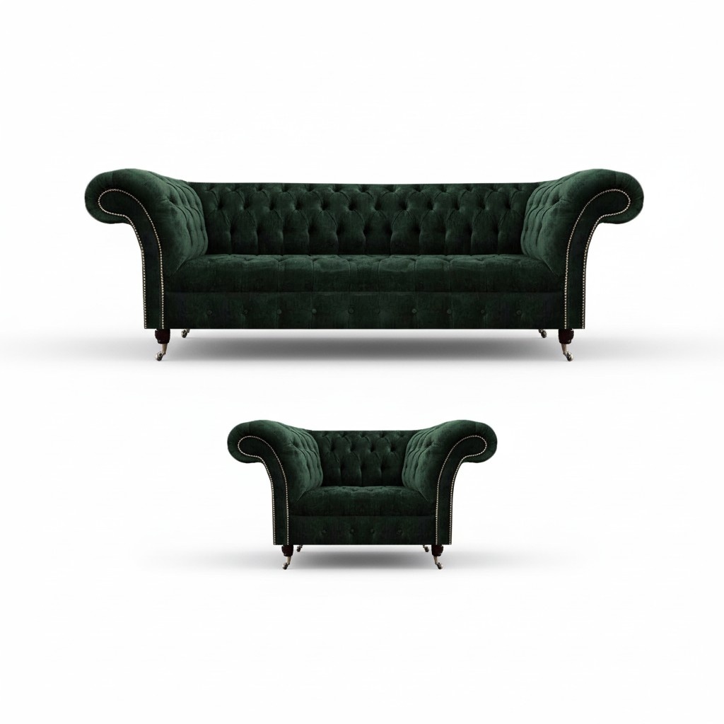 Green Sofa Set 2 pcs Sofa Three-Seater Textile Armchair Living Room Couch
