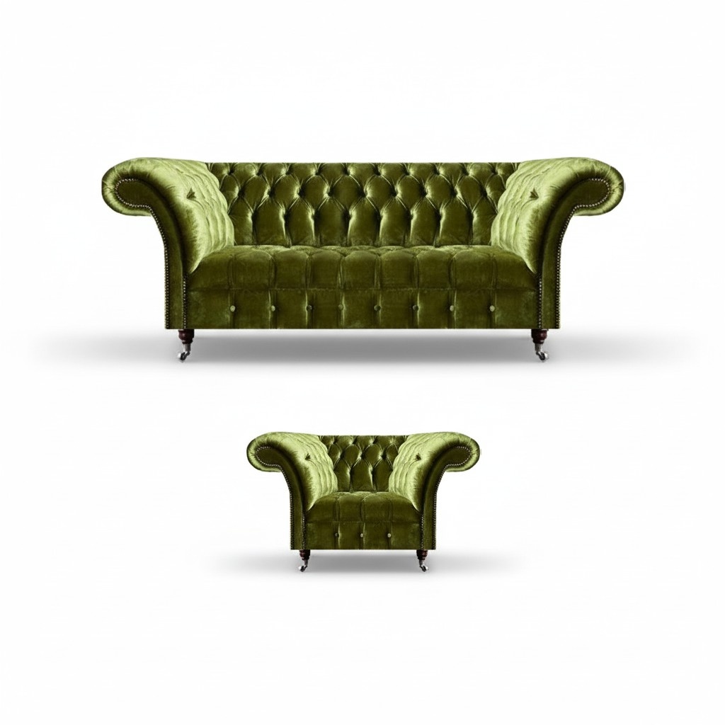 Green sofa set 2-piece textile set armchair with three-seater sofa seating group