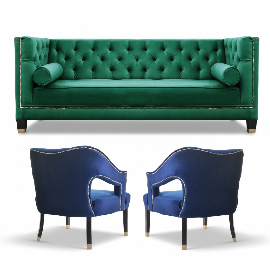 Green Sofa Set 3 Piece Set Couch Sets Seat Upholstery Chesterfield Set Velvet