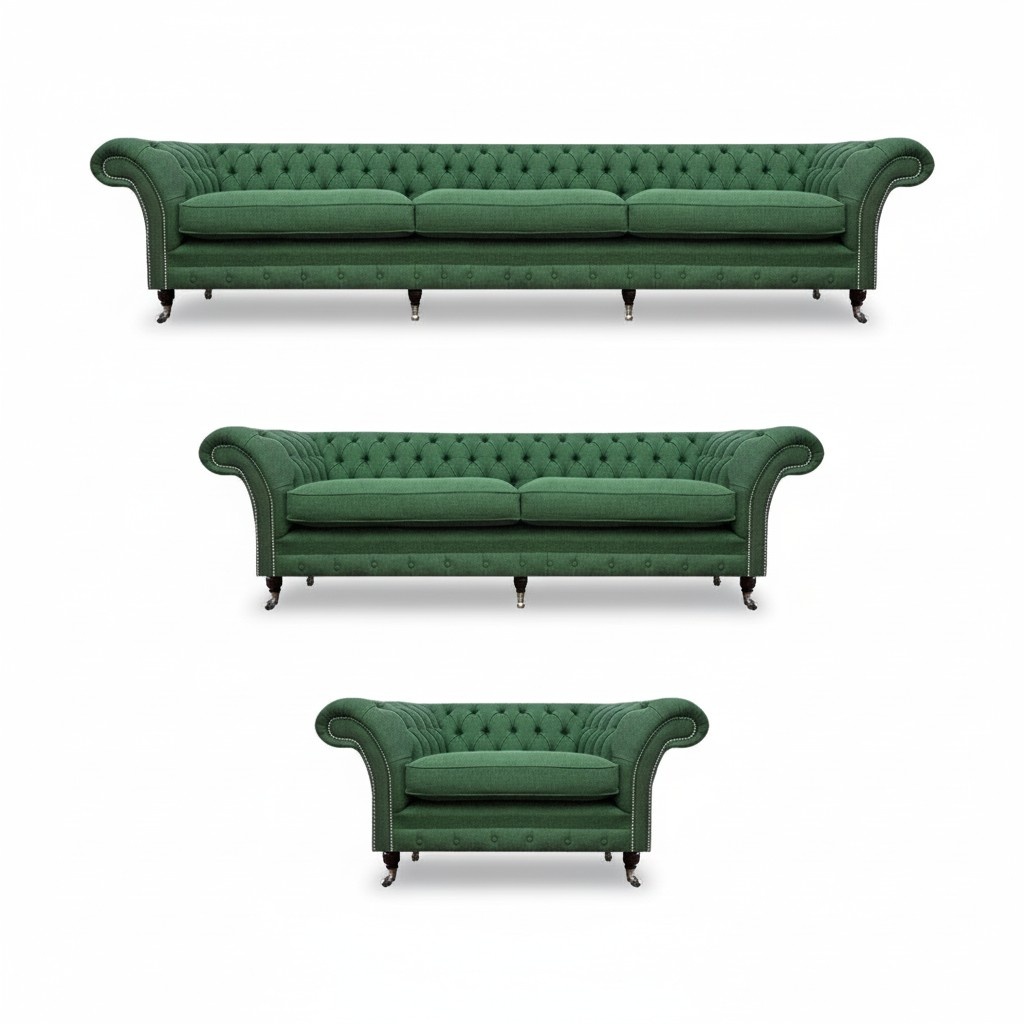 Green upholstered Chesterfield living room suite, single seat, 3-seater.