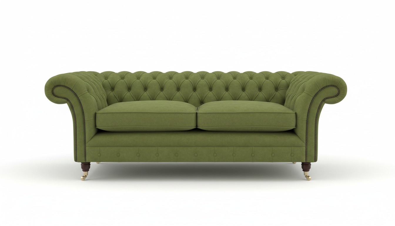 Green 3-Seater Sofa Chesterfield With Buttons Textile Fabric Upholstery Comfortable Couch on Castors New
