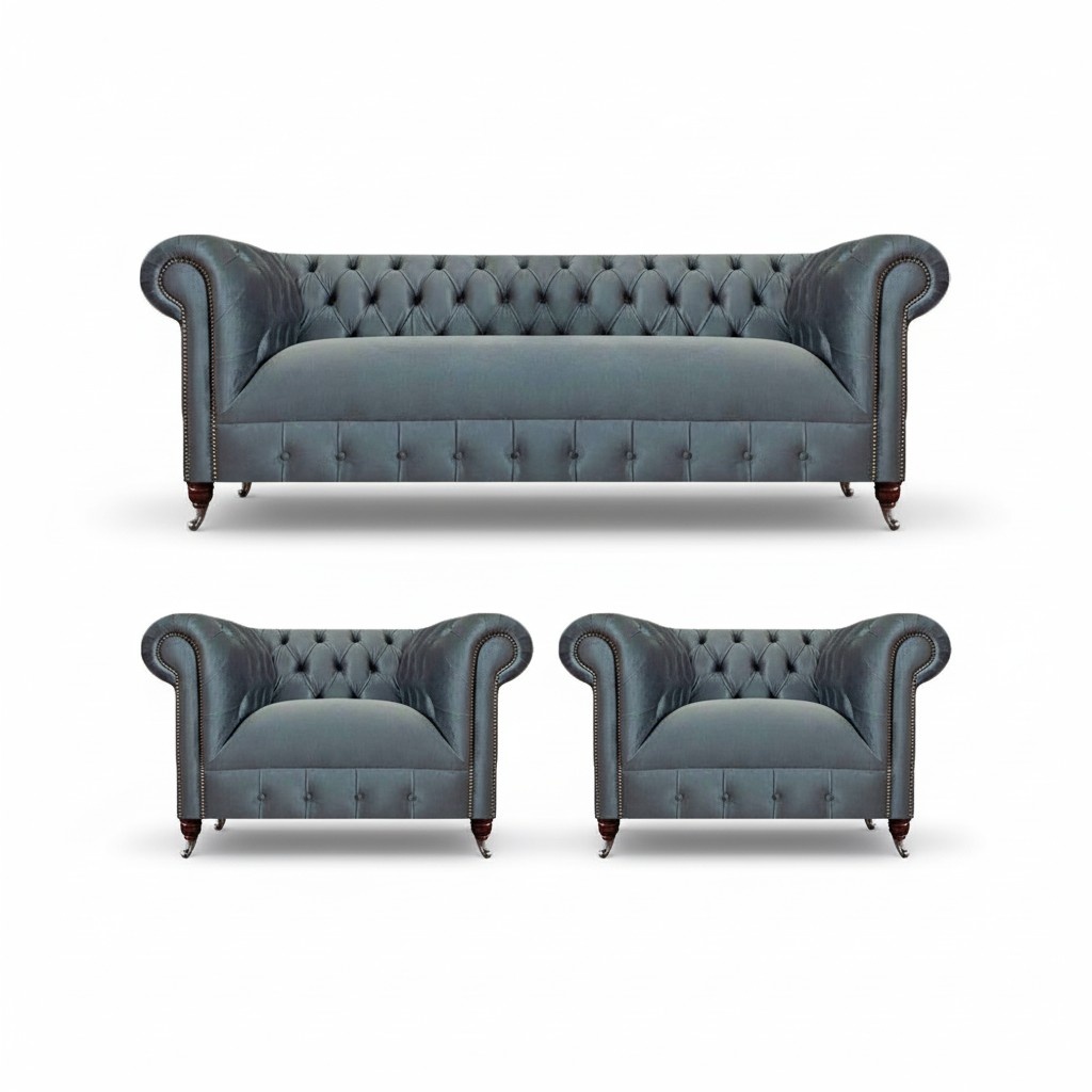 Gray Chesterfield furniture, sofas, designer armchairs, living room furniture, 3-piece set.