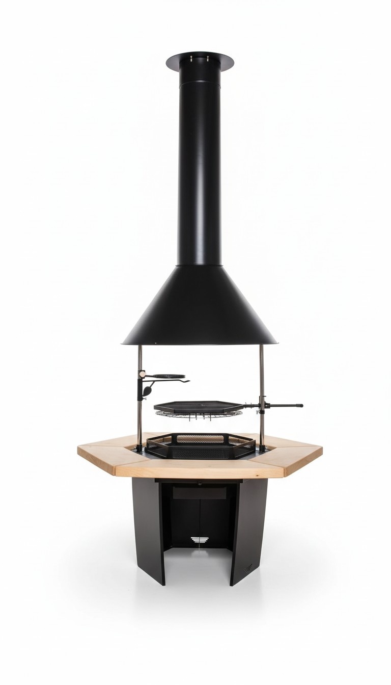Grill with surrounding table, grill cabin, accessories, chimney, 2 grates, garden grill.