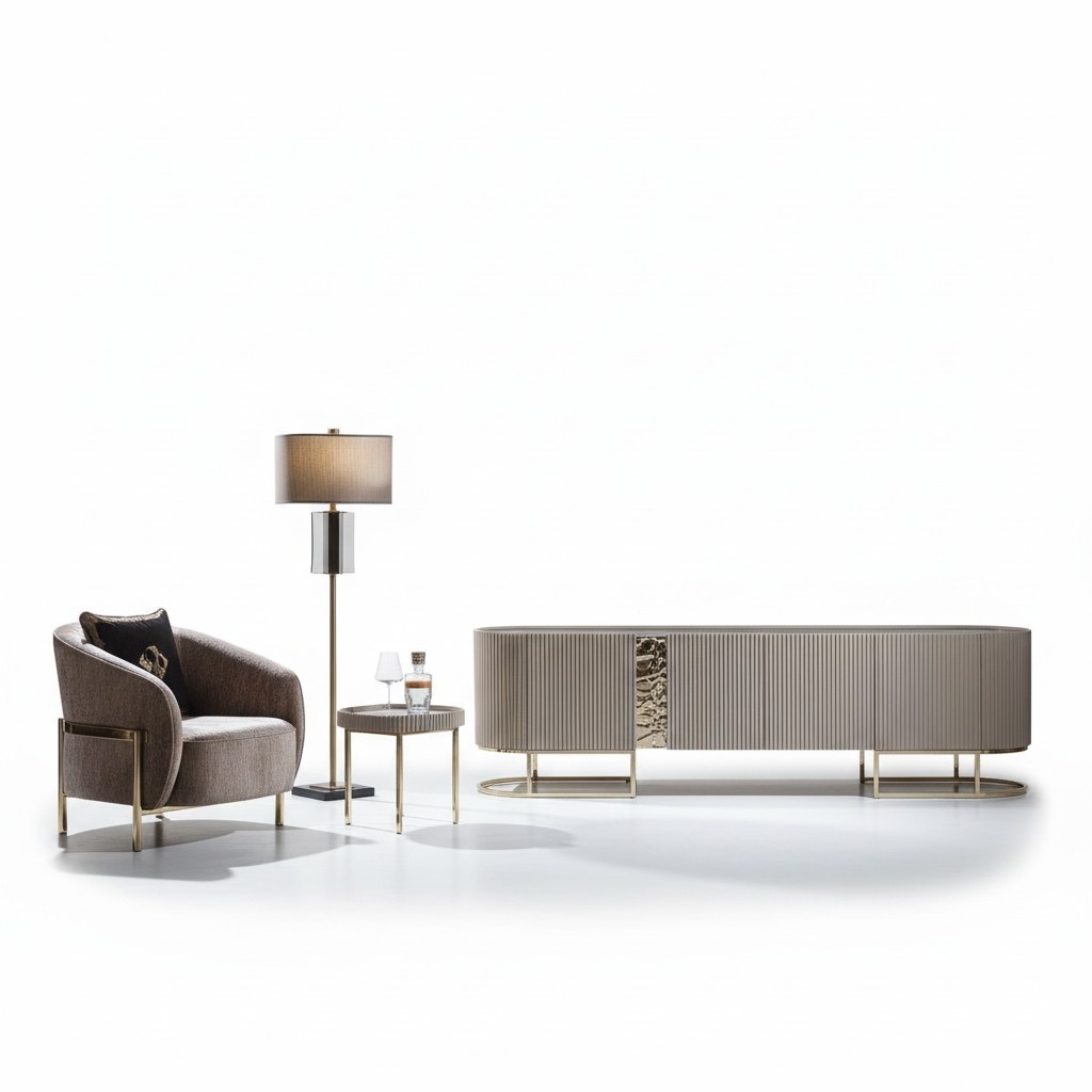 Group armchair living room side table beige fabric TV stand set 3 pieces