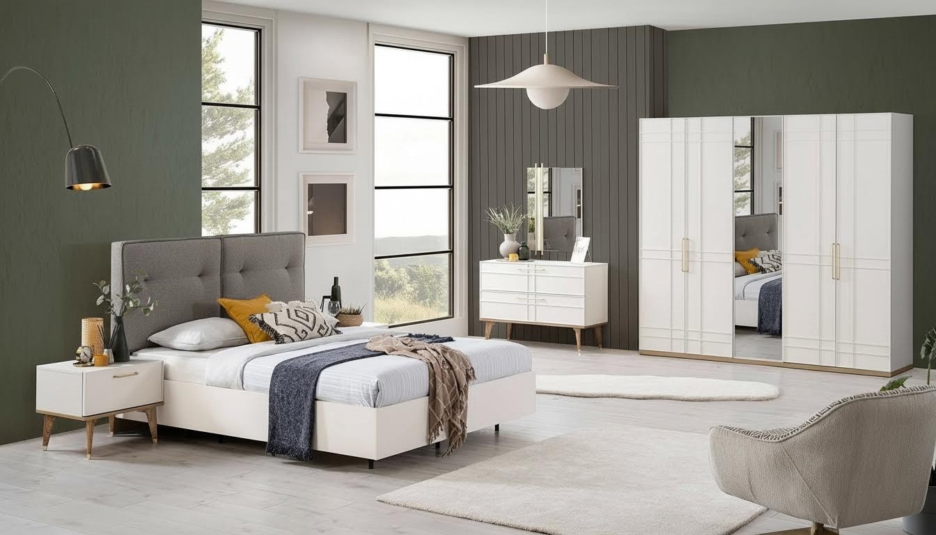 Group Double Bed Complete Bed Bedroom Furniture Wood 6pc Set White