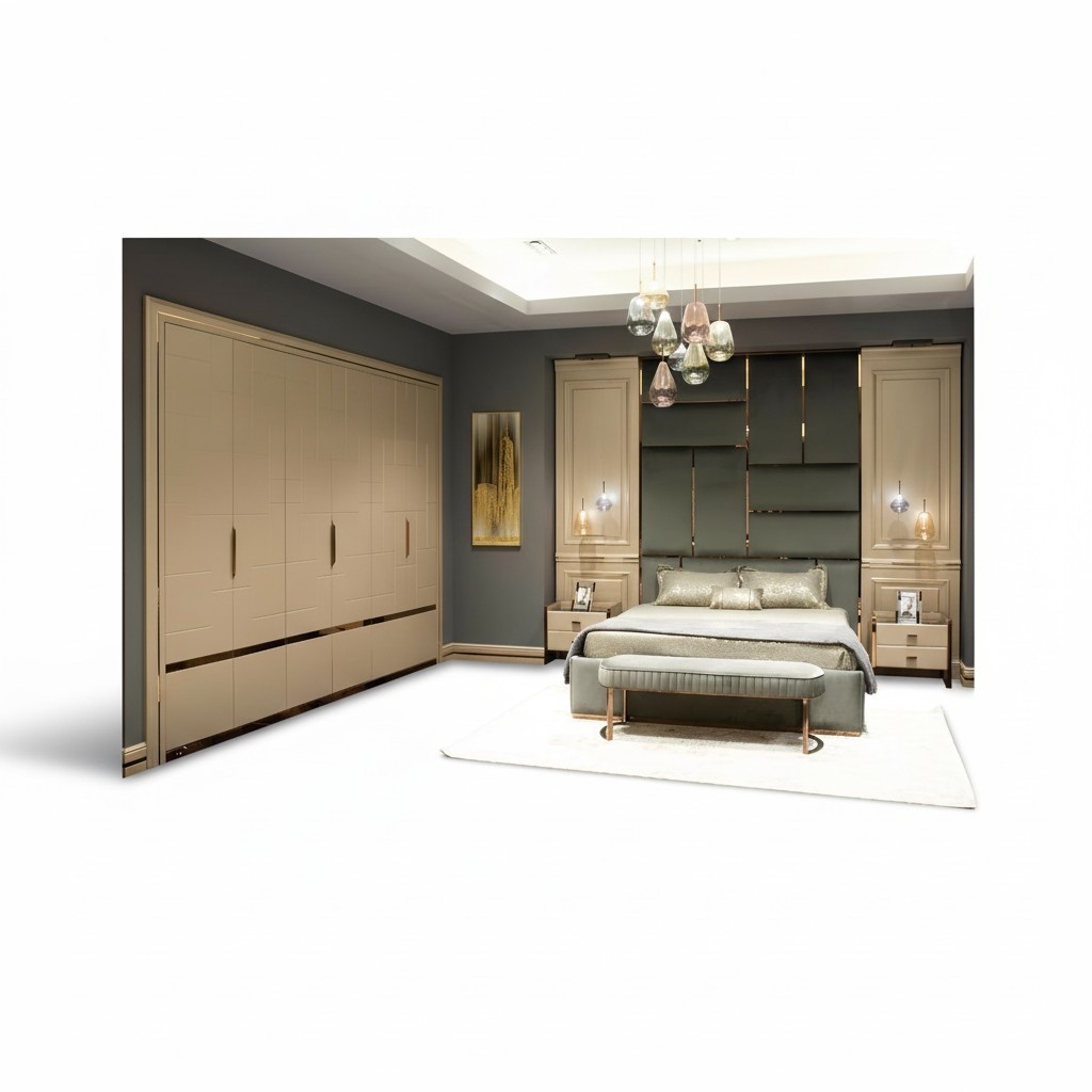 Group Bedroom Furniture Double Bed Beige Modern Set 5 Pieces Wood