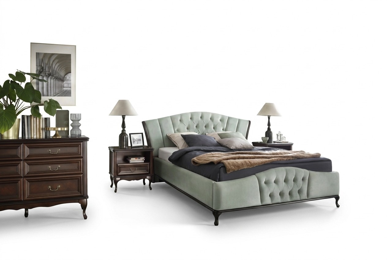 Green Chesterfield bed with wooden bedroom furniture Beds Royal