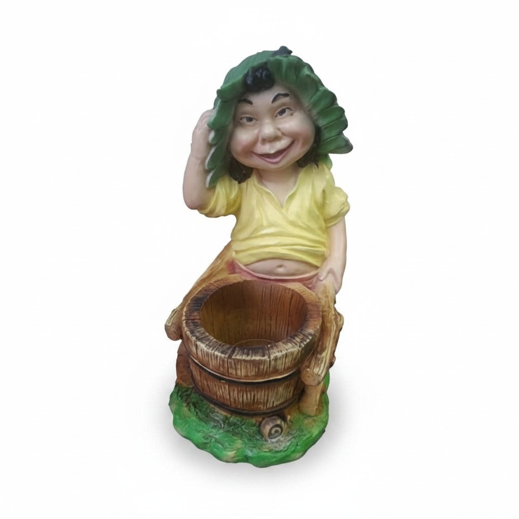 Decorative garden figure designed as a garden dwarf with a wooden bucket 48cm