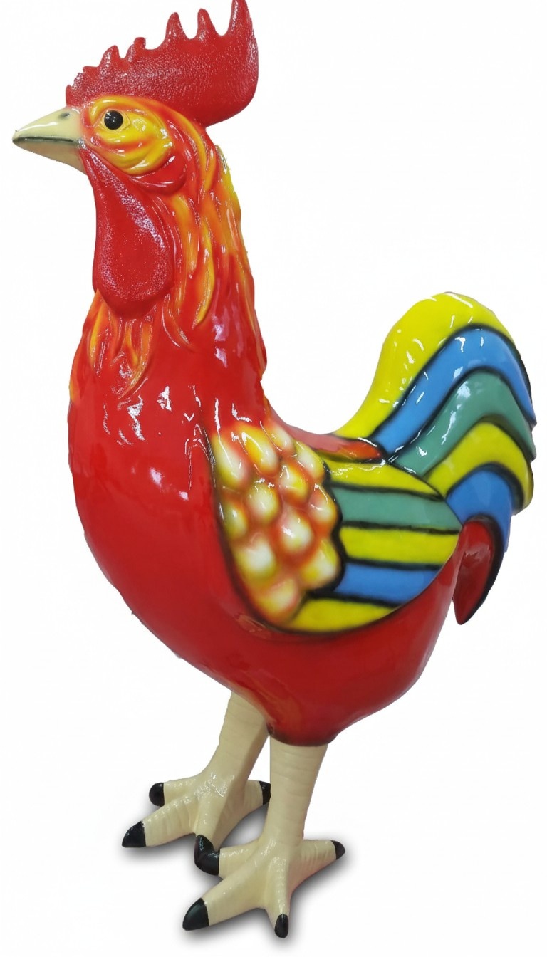 Decorative sculpture designed as gloss colorful rooster figure 180cm height