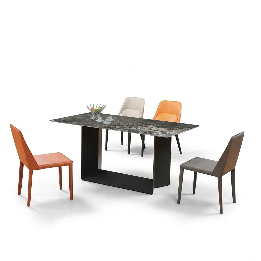 High-quality table, luxury tables, dining room furniture, pillars, marble look, modern.